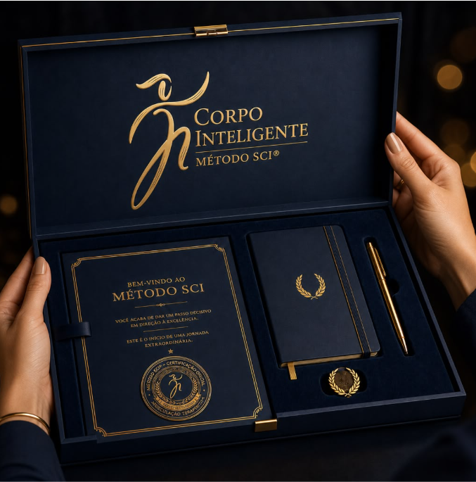 Composição ilustrativa de caixa, caderno e caneta com a identidade Corpo Inteligente — Método SCI